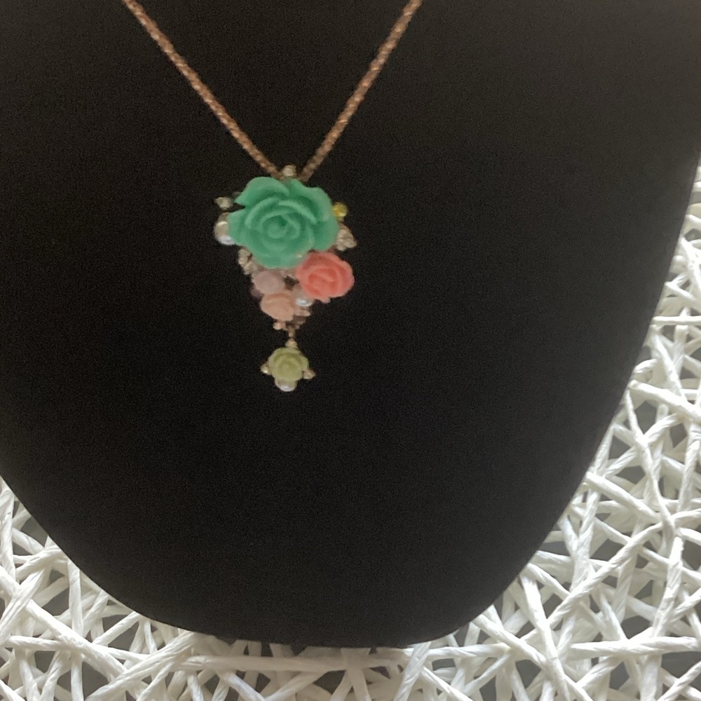 Betsey Johnson Rose Cluster Necklace in Mint, Coral & Lemon